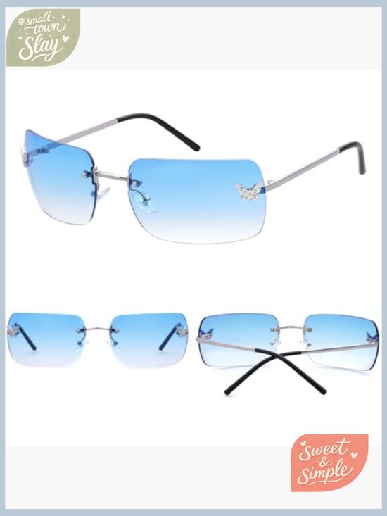 Rimless Rectangle Y2K Sunglasses Frameless Tinted Lens Butterfly